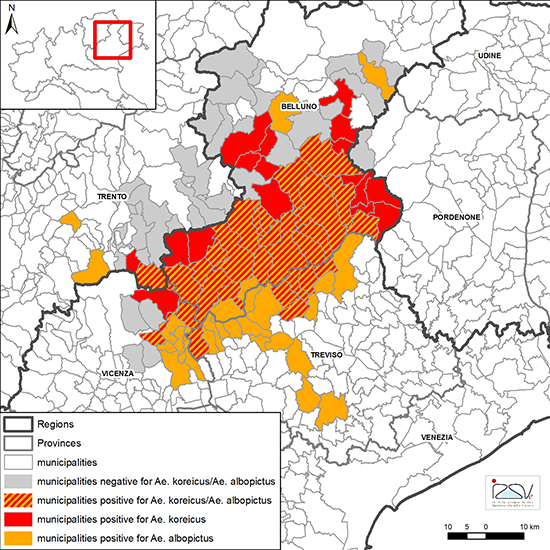 Figura 2. Area di diffusione della zanzara tigre e della zanzara coreana nell’area monitorata.